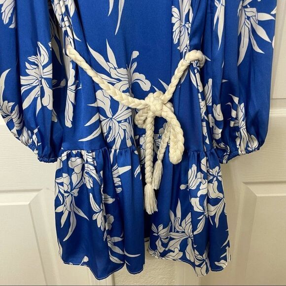Alexis X Target Blue and White Floral Long Sleeve Mini Dress With Rope Belt - Picture 6 of 15